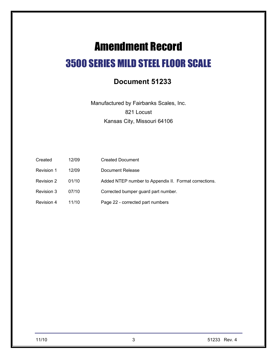 Amendment record, 3500 series mild steel floor scale | Fairbanks FB1100 Series Yellow Jacket FS Package (30047, 30048) User Manual | Page 47 / 70