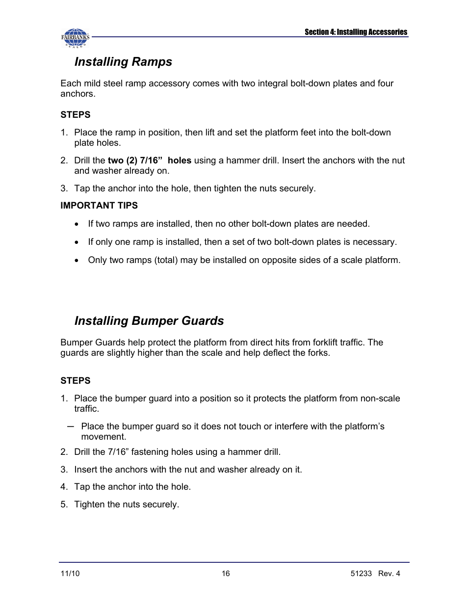 Installing ramps, Installing bumper guards | Fairbanks FB1100 Series Yellow Jacket FS Package (30047, 30048) User Manual | Page 60 / 70