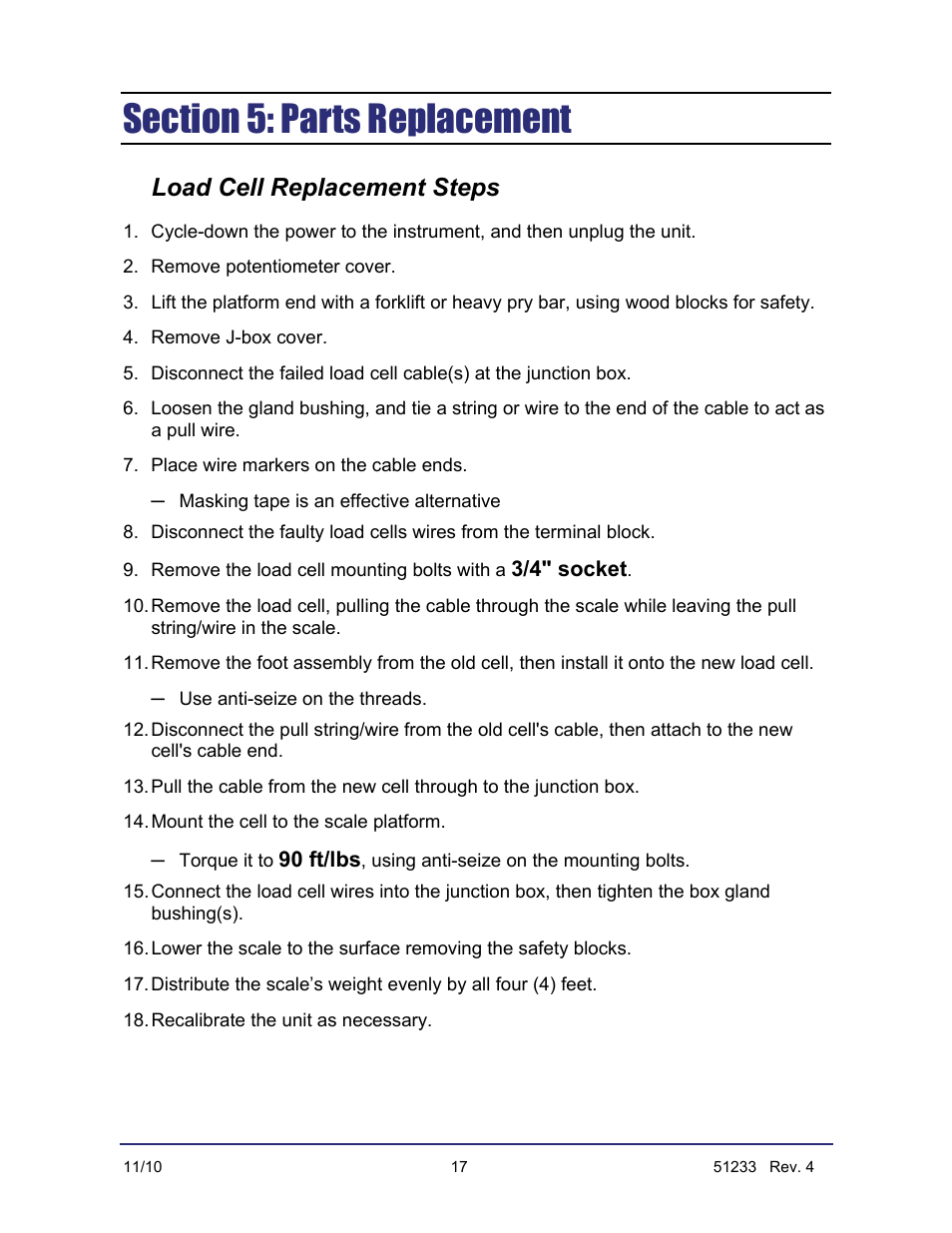 Load cell replacement steps | Fairbanks FB1100 Series Yellow Jacket FS Package (30047, 30048) User Manual | Page 61 / 70