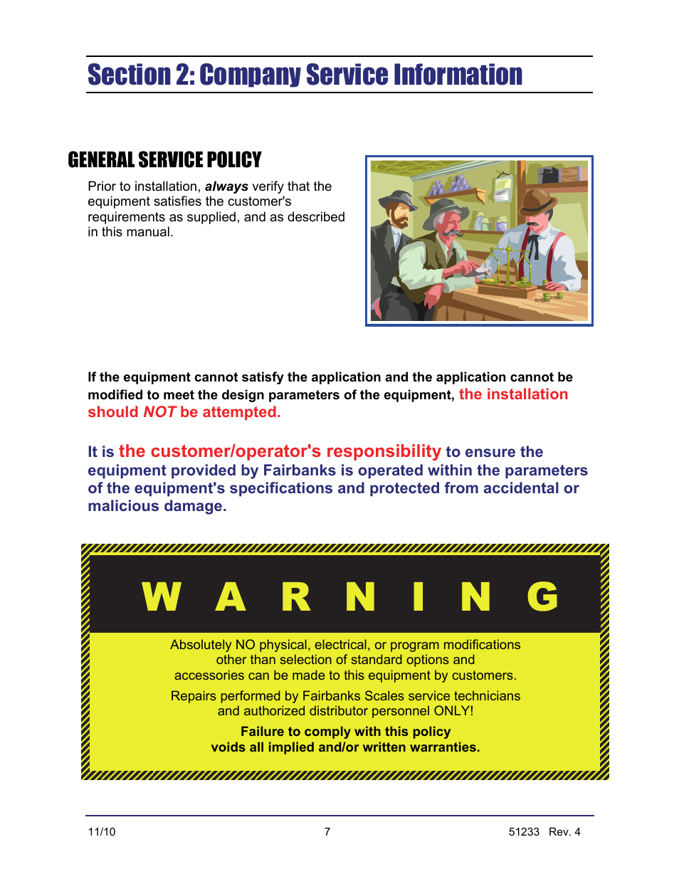 General service policy, The customer/operator's responsibility | Fairbanks PC2250 Utility Software User Manual | Page 75 / 94