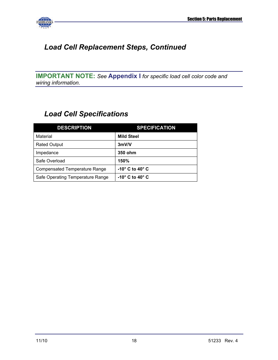 Load cell replacement steps, continued, Load cell specifications, Appendix i | Fairbanks PC2250 Utility Software User Manual | Page 86 / 94