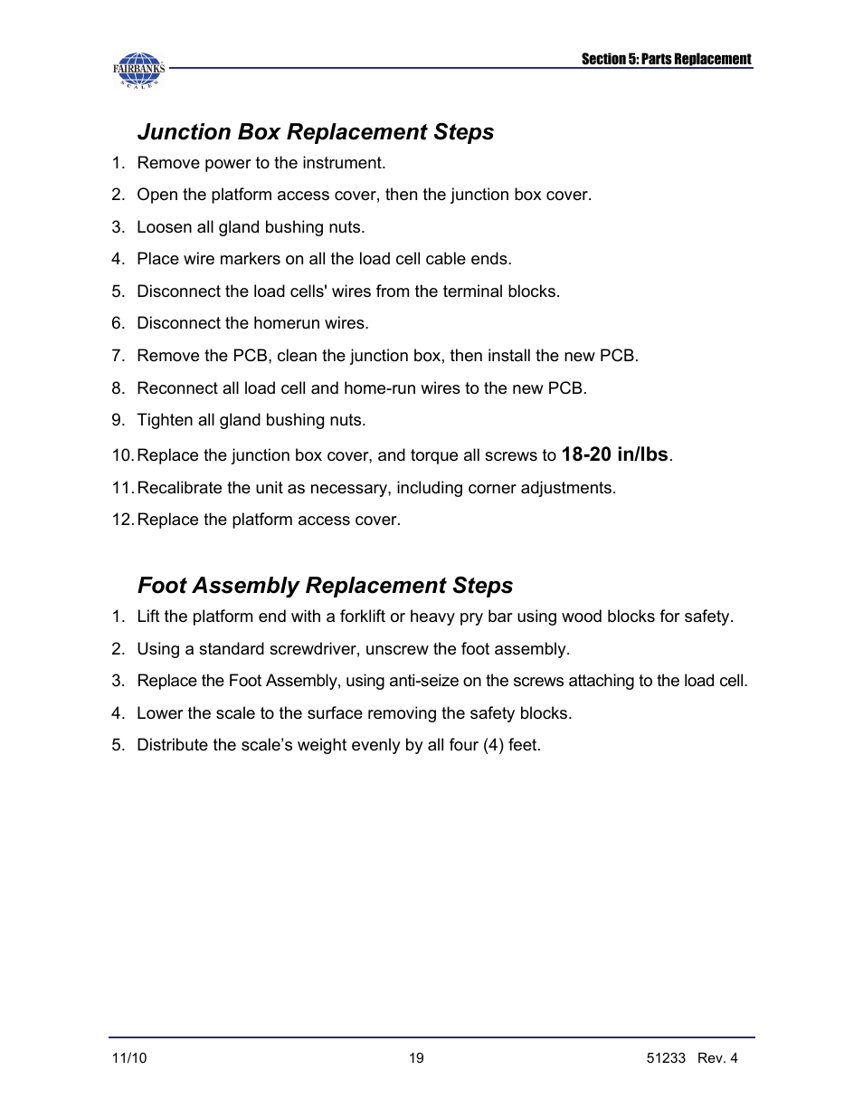 Junction box replacement steps, Foot assembly replacement steps, 20 in/lbs | Fairbanks PC2250 Utility Software User Manual | Page 87 / 94