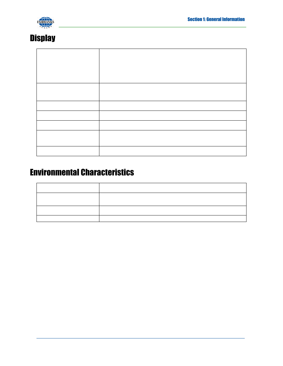 Display, Environmental characteristics | Fairbanks 27135 TeleWeigh with Bluetooth User Manual | Page 8 / 18