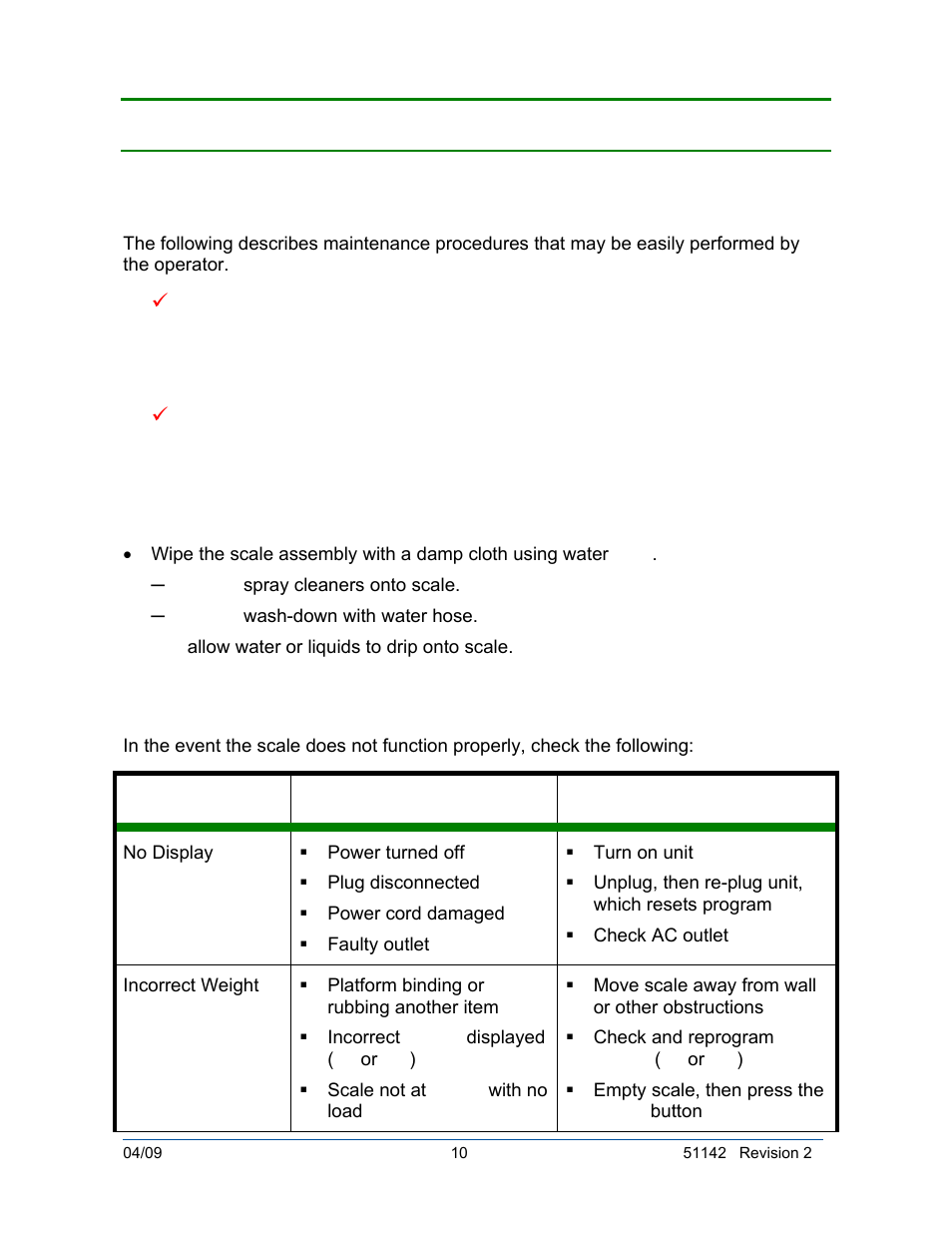 Operator service, Cleaning, Troubleshooting | Problem possible source possible solution | Fairbanks 26889 Slimline Health Scale User Manual | Page 10 / 16