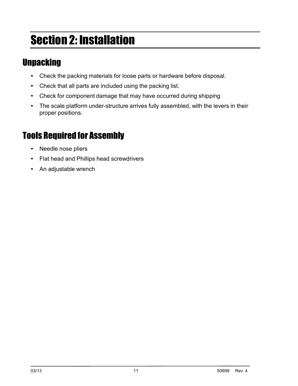 Unpacking, Tools required for assembly | Fairbanks BPP2000 Portable Platform Scale User Manual | Page 11 / 22