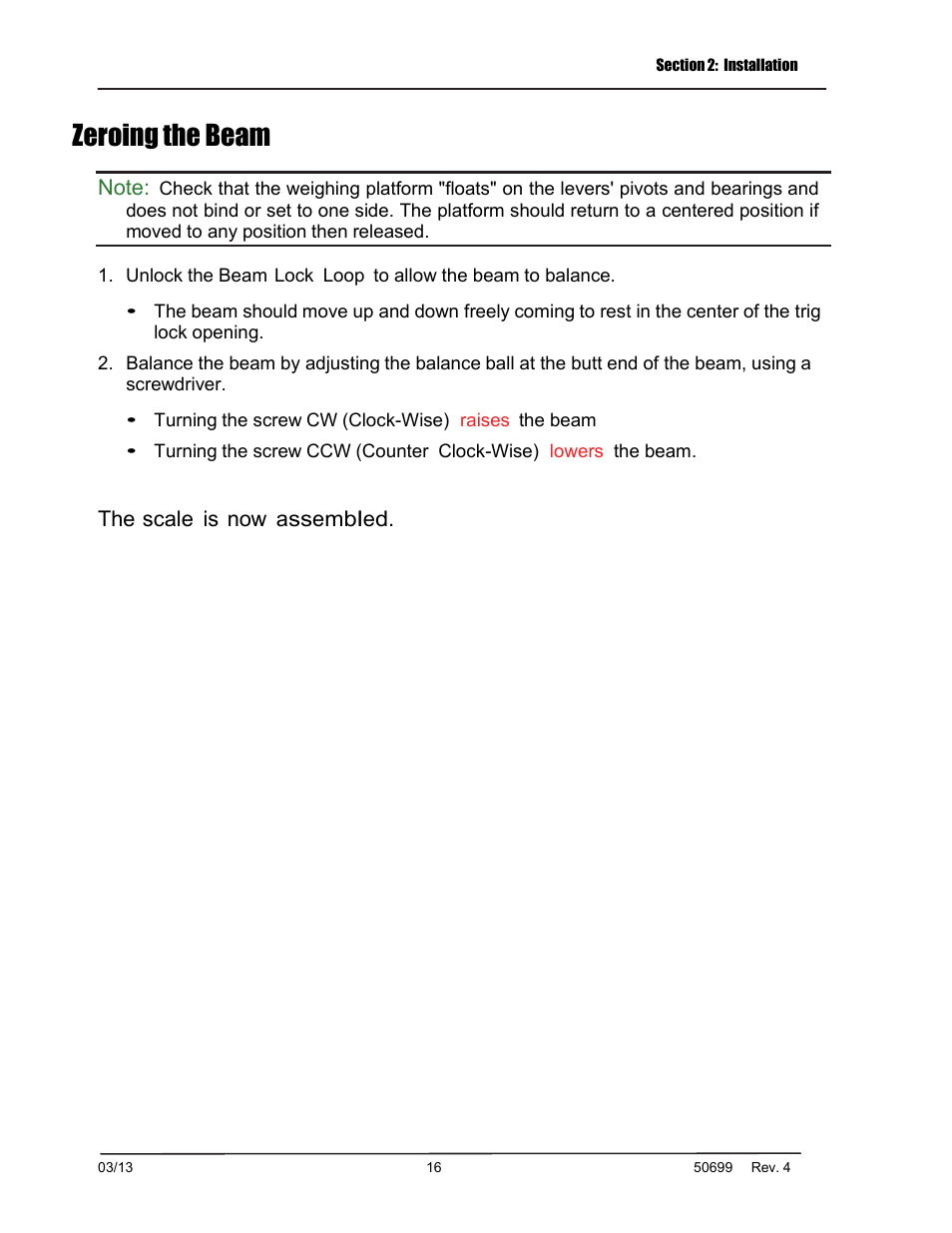 Zeroing the beam, The scale is now assembled | Fairbanks BPP2000 Portable Platform Scale User Manual | Page 16 / 22