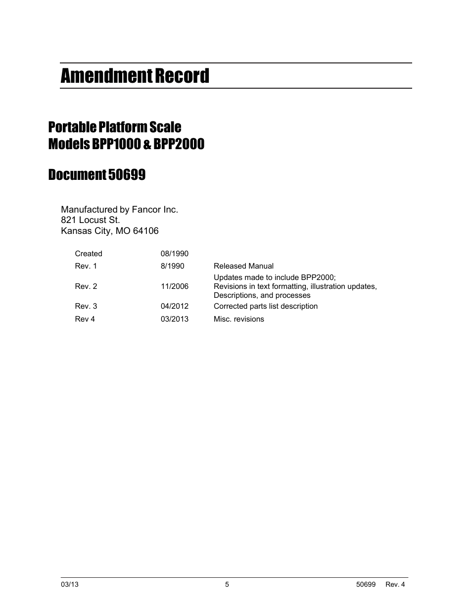 Amendment record | Fairbanks BPP2000 Portable Platform Scale User Manual | Page 5 / 22