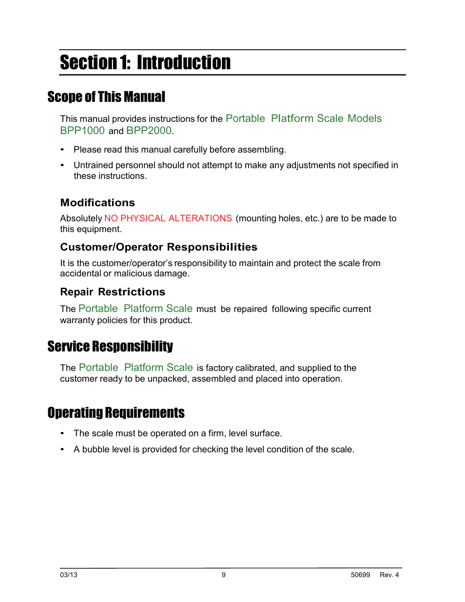 Scope of this manual, Service responsibility, Operating requirements | Portable platform scale models bpp1000, Bpp2000, Modifications, Customer/operator responsibilities, Repair restrictions, Portable platform scale | Fairbanks BPP2000 Portable Platform Scale User Manual | Page 9 / 22