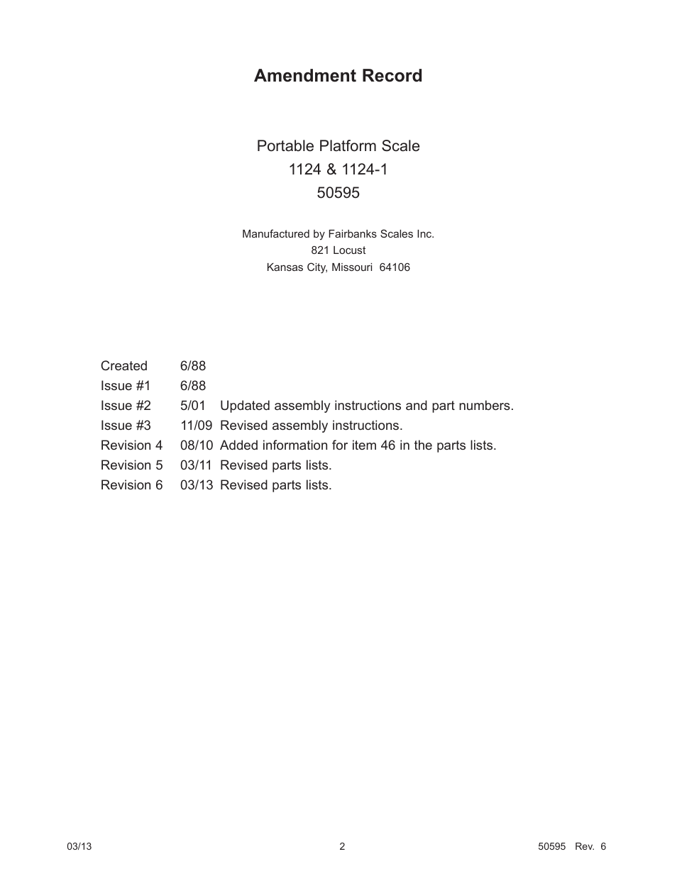 Amendment record | Fairbanks 1124-1 Portable Platform Scale User Manual | Page 2 / 16