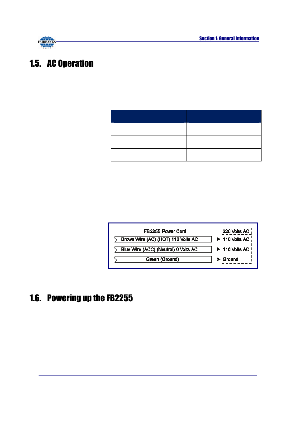 Ac operation, Powering up the fb2255 | Fairbanks FB2255 Series Instrument PC2255 PC Software Utility Program User Manual | Page 12 / 79