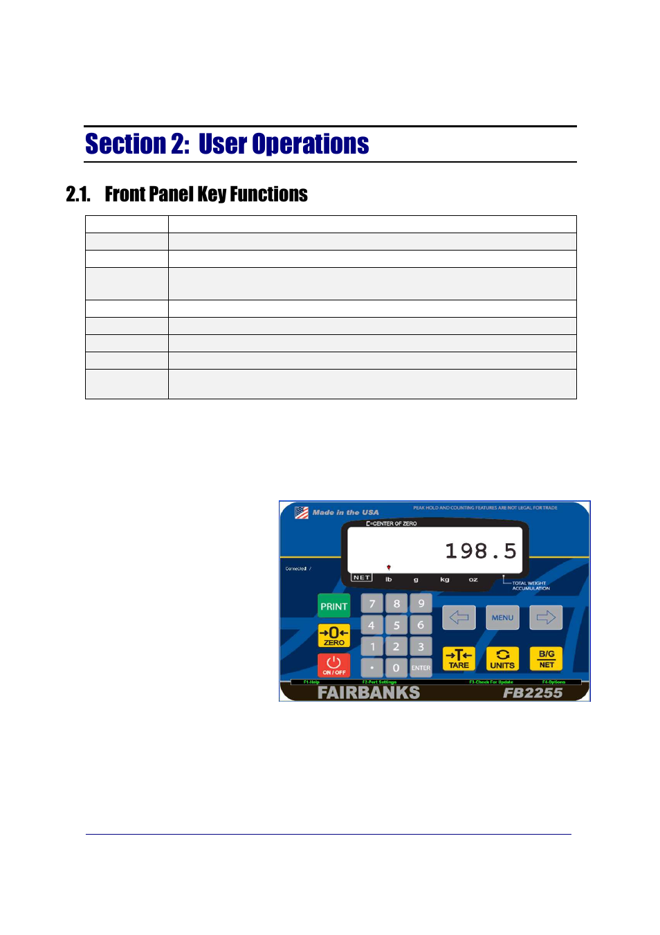 Front panel key functions, Zero | Fairbanks FB2255 Series Instrument PC2255 PC Software Utility Program User Manual | Page 13 / 79