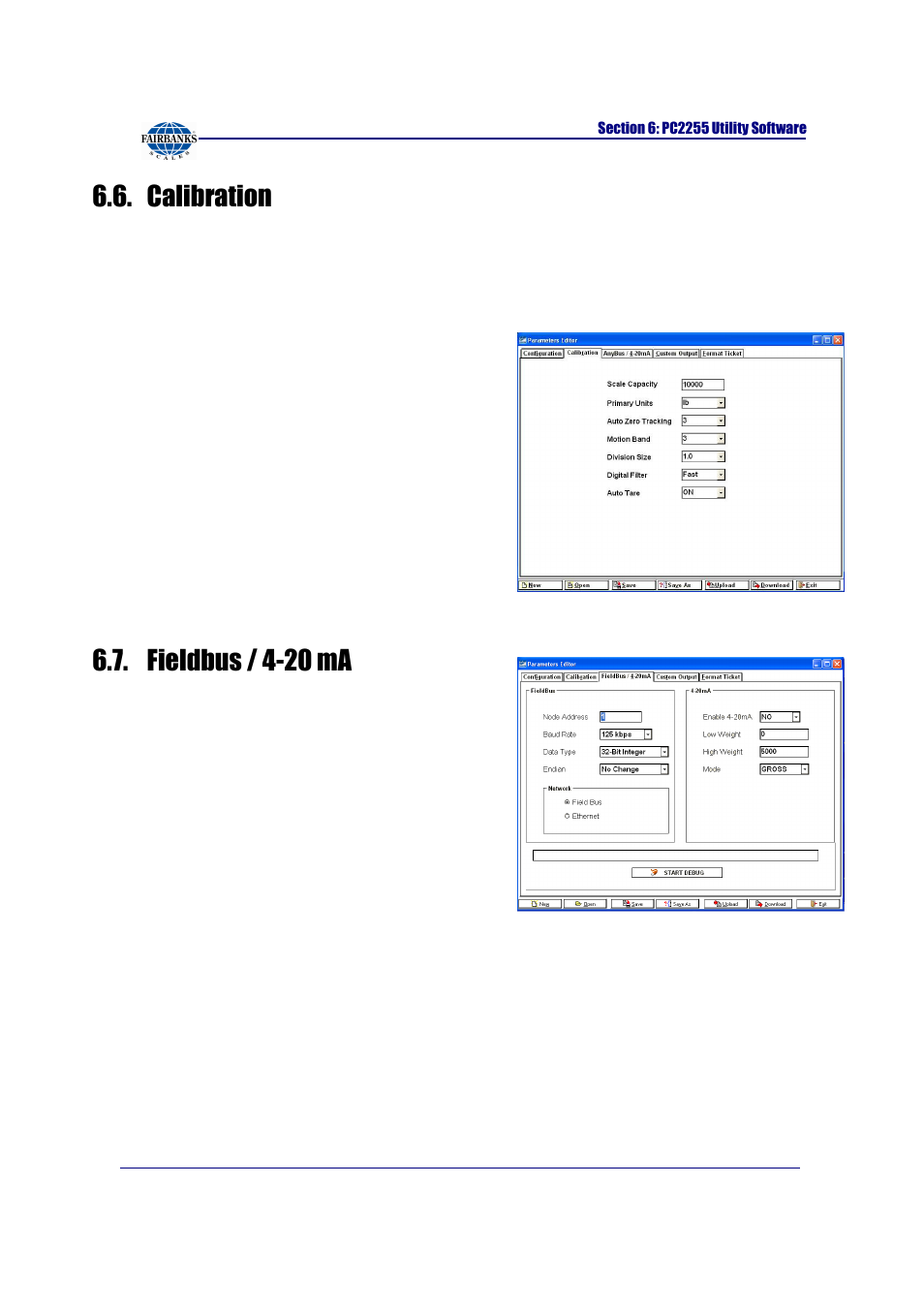 Calibration, Fieldbus / 4-20 ma, Pc2255 program | Node address, Baud rate | Fairbanks FB2255 Series Instrument PC2255 PC Software Utility Program User Manual | Page 54 / 79
