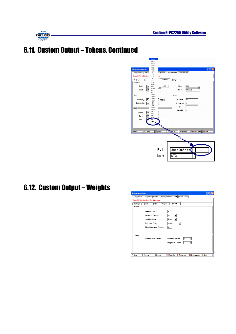 Custom output – tokens, continued, Custom output – weights, Entry | Fairbanks FB2255 Series Instrument PC2255 PC Software Utility Program User Manual | Page 61 / 79