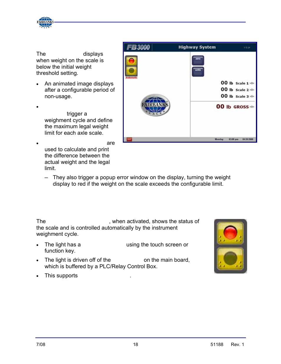 Further descriptions, Idle screen, Weight threshold values | Legal weight limits, Traffic lights, Traffic light control | Fairbanks FB3000 Highway System Application User Manual | Page 18 / 96