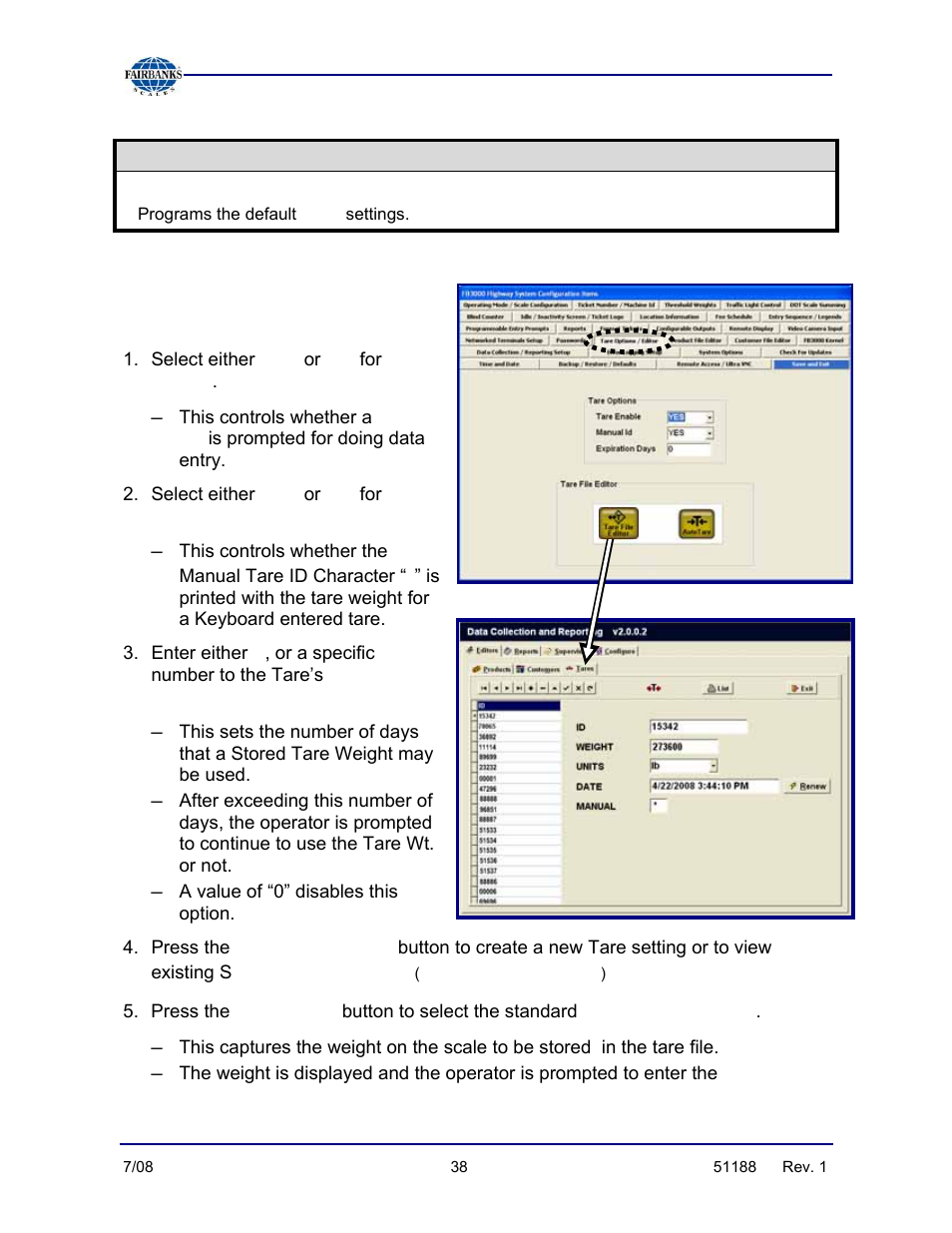 Tare file editor, Auto tare | Fairbanks FB3000 Highway System Application User Manual | Page 38 / 96