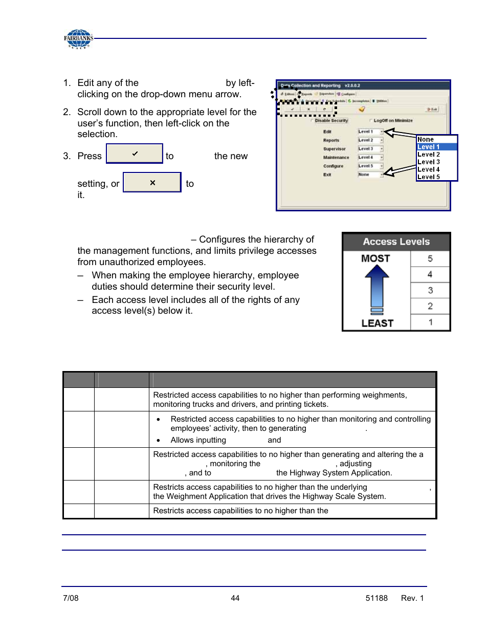 Setting the security levels, Security levels, Accept | Cancel/reset, Security levels 1 thru 5, Highway system security level configuration | Fairbanks FB3000 Highway System Application User Manual | Page 44 / 96