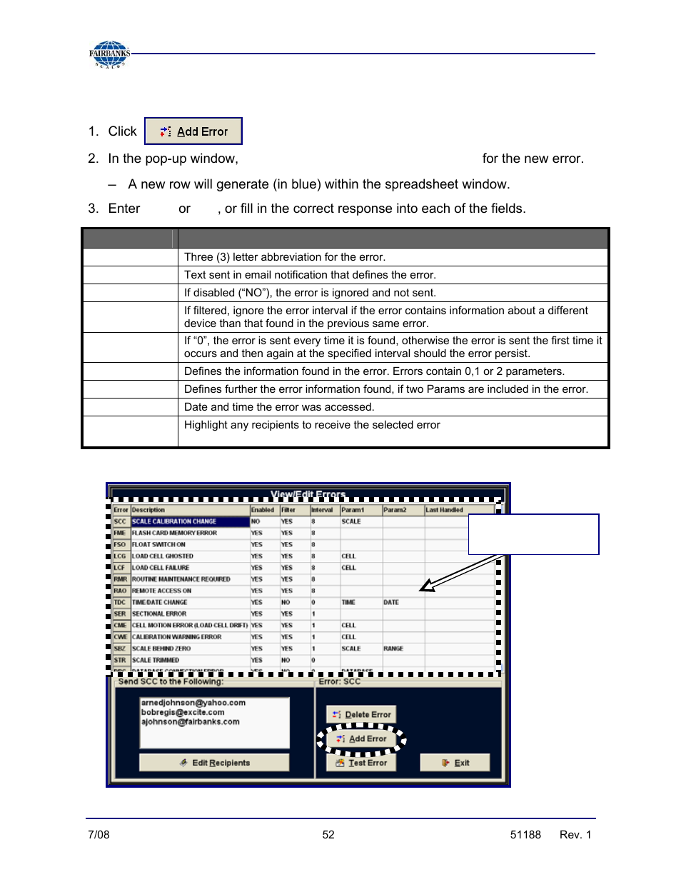 Adding an error, Enter [a] three character code | Fairbanks FB3000 Highway System Application User Manual | Page 52 / 96