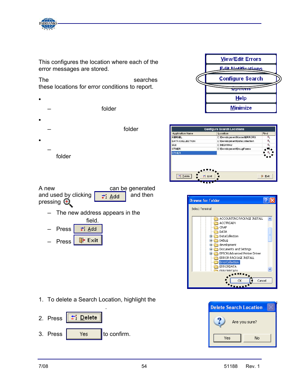 Configuring a search, Kernel, Data collection | Location, Deleting a search location, Application name | Fairbanks FB3000 Highway System Application User Manual | Page 54 / 96