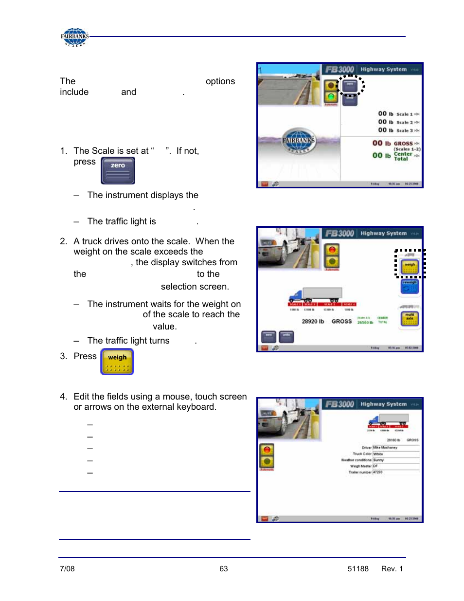 Operation steps, Fb3000 highway system, Making a standard weighment | Idle/inactivity screen, Green, Weighment type, Final weight | Fairbanks FB3000 Highway System Application User Manual | Page 63 / 96