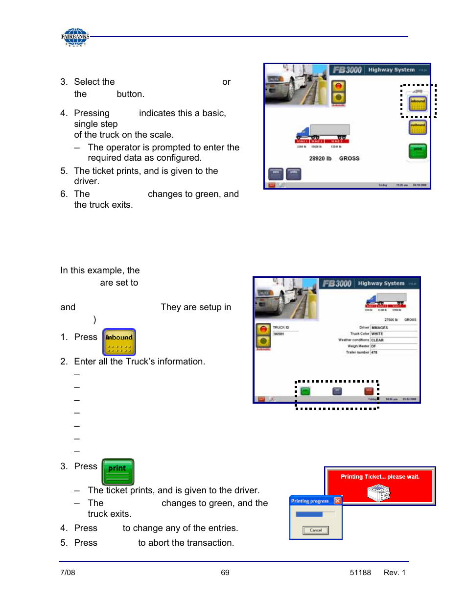 Operation steps, continued, Inbound, outbound, Print | Processing an inbound weighment, Trailer number, Edit, Cancel | Fairbanks FB3000 Highway System Application User Manual | Page 69 / 96