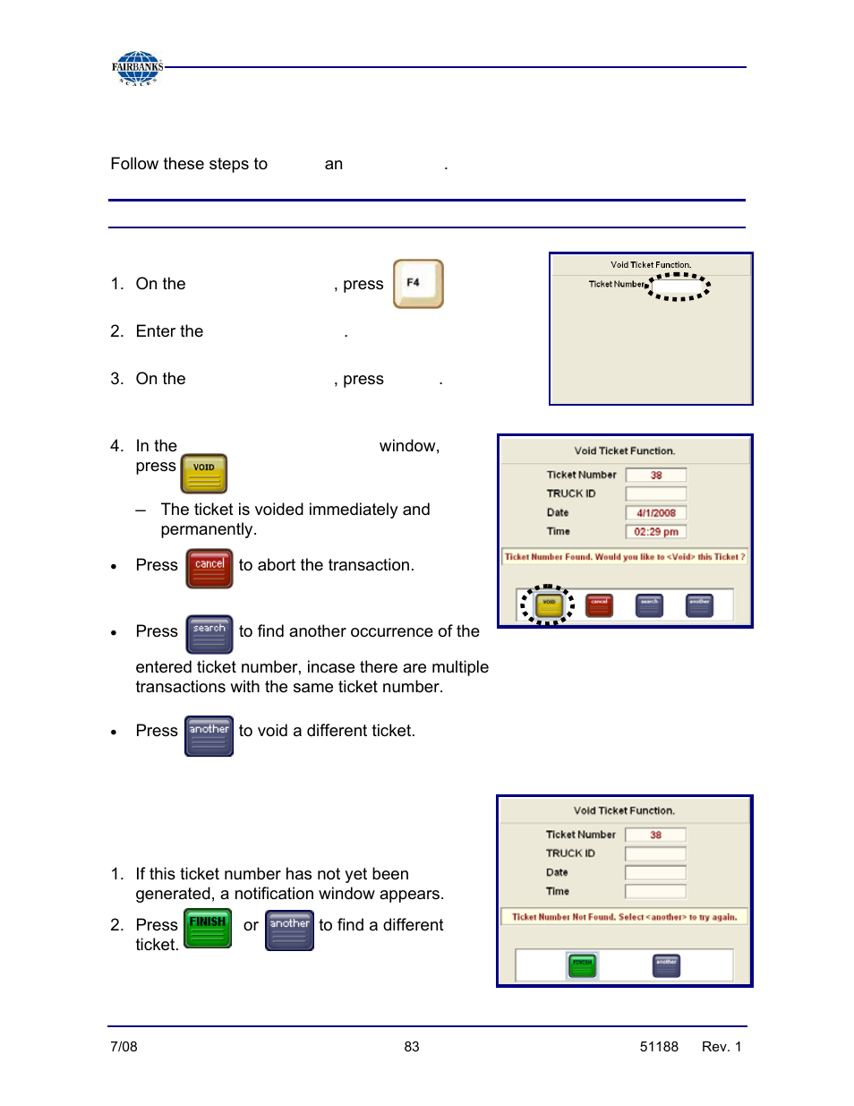 Voiding a ticket, Void, Ticket number | Enter, Void ticket function | Fairbanks FB3000 Highway System Application User Manual | Page 83 / 96