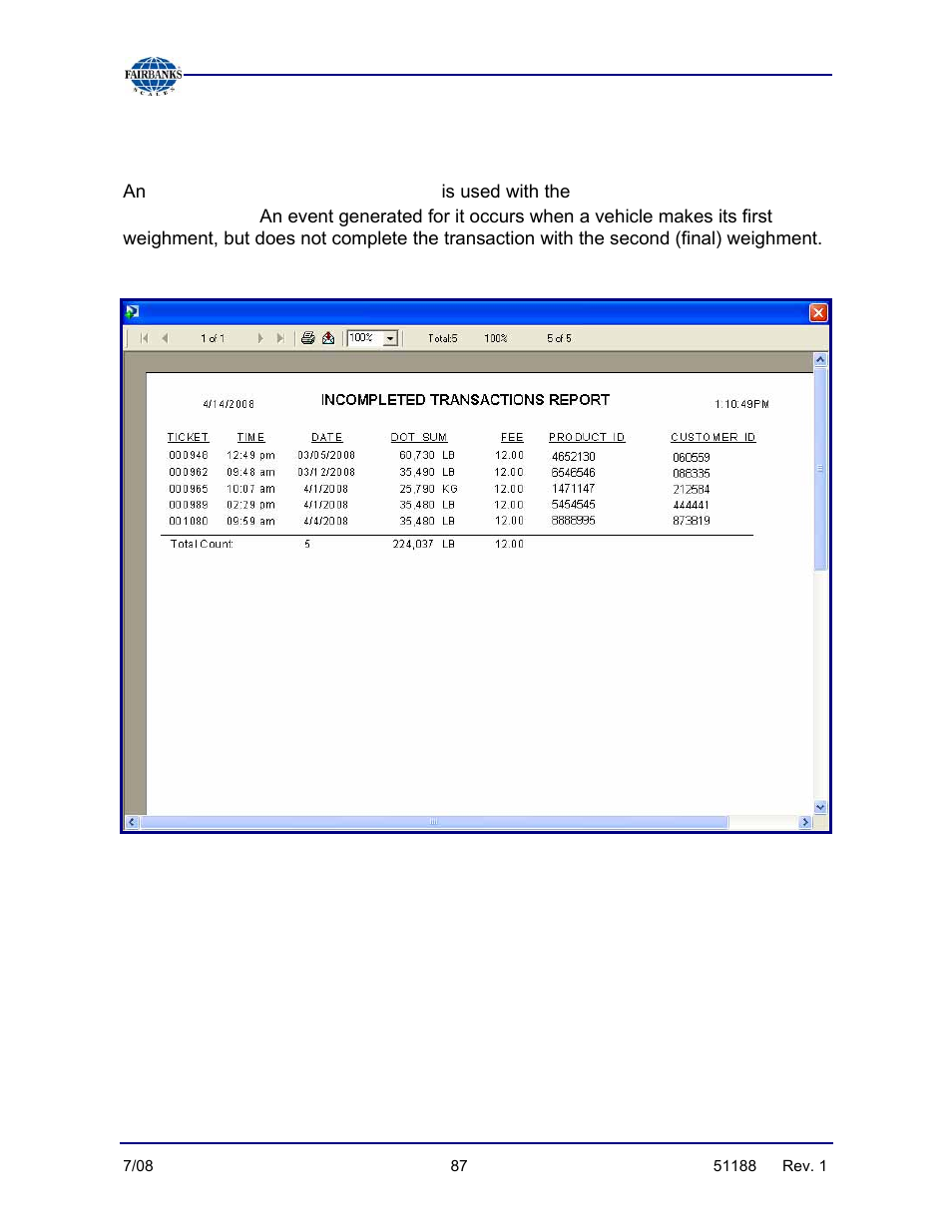 Incomplete transactions report, Inbound/outbound application | Fairbanks FB3000 Highway System Application User Manual | Page 87 / 96