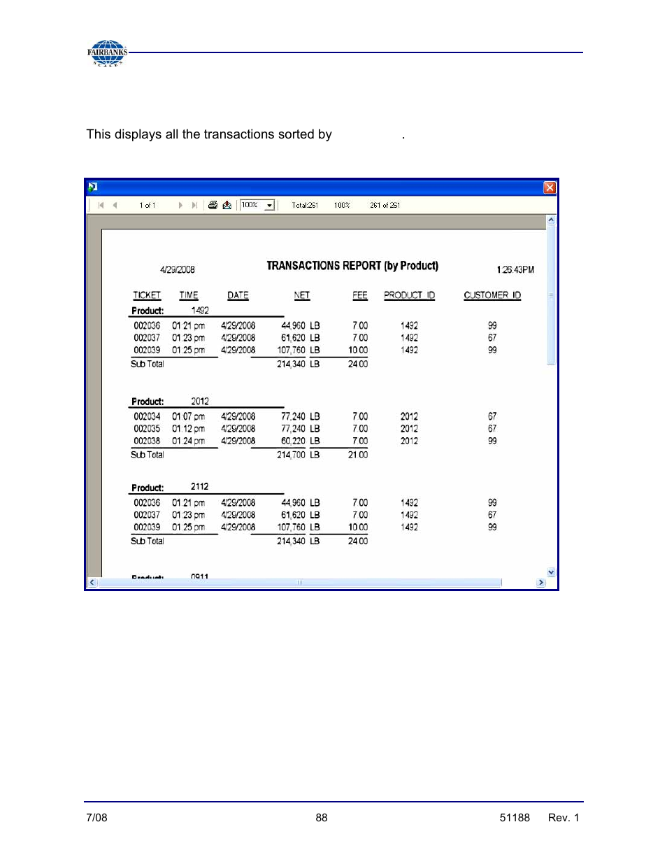 Report by product report, Products | Fairbanks FB3000 Highway System Application User Manual | Page 88 / 96