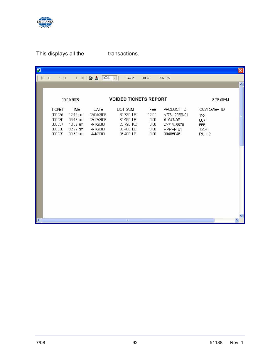 Voids report, Voided | Fairbanks FB3000 Highway System Application User Manual | Page 92 / 96