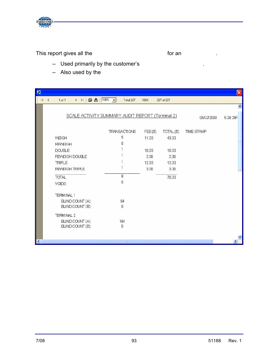 Scale activity summary audit report, Scale activity summary, Local or state weights & measurements | Fairbanks FB3000 Highway System Application User Manual | Page 93 / 96