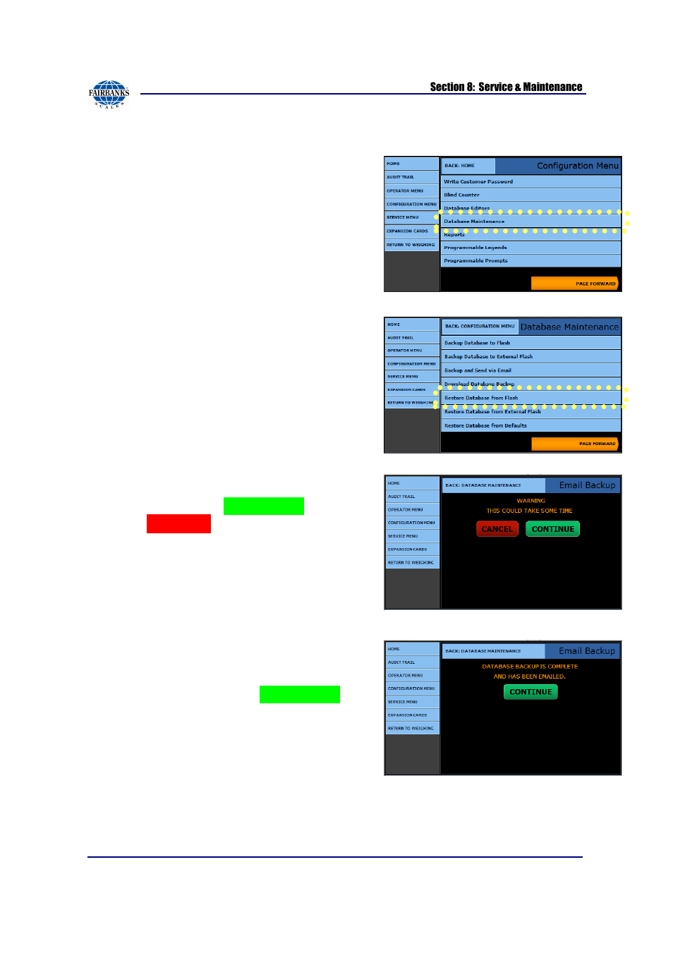 Database backup, continued | Fairbanks FB2550 SERIES User Manual | Page 144 / 186