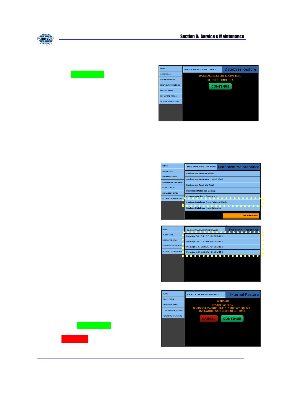 Database restore, continued | Fairbanks FB2550 SERIES User Manual | Page 146 / 186