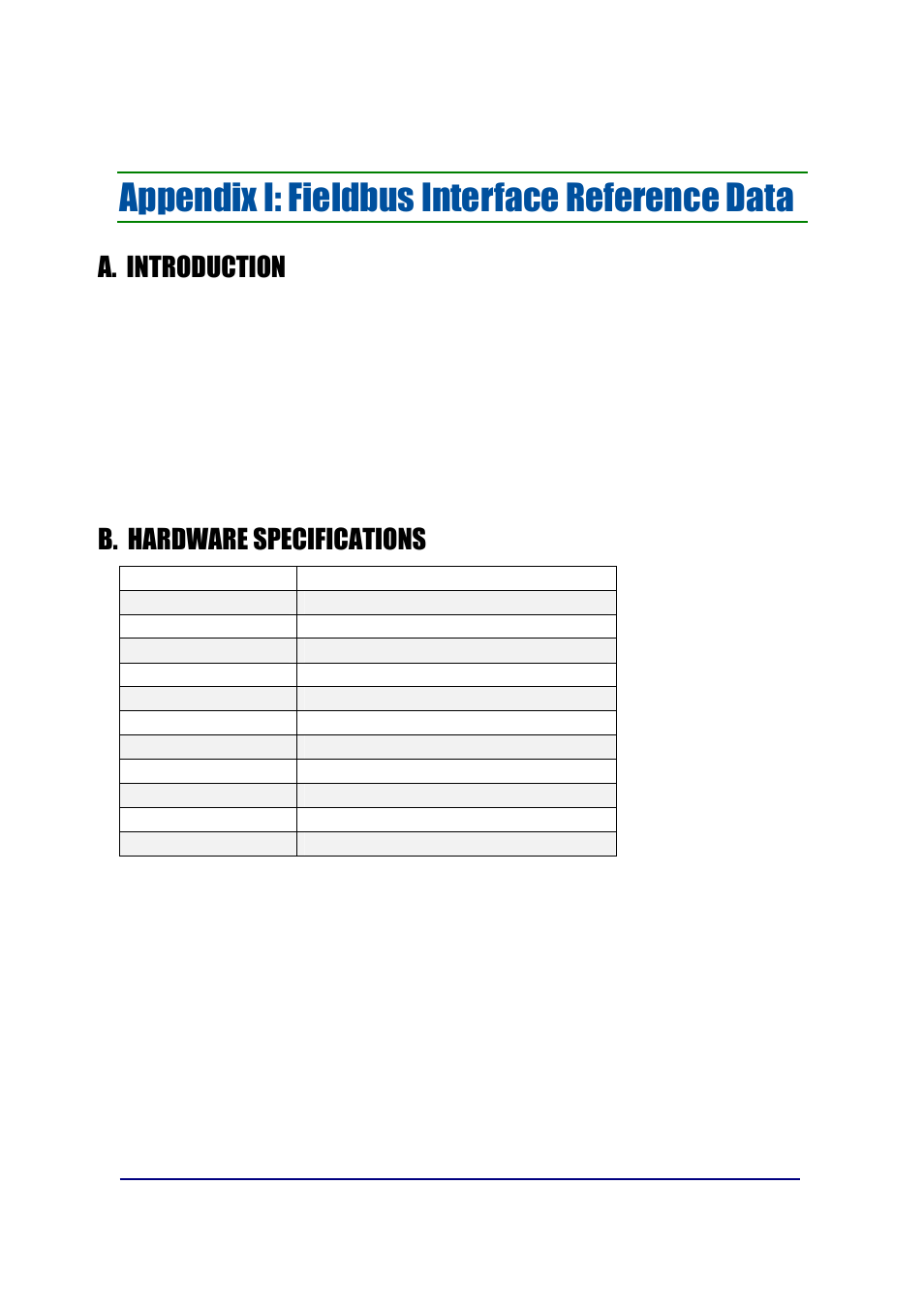 Appendix i: fieldbus interface reference data, A. introduction, B. hardware specifications | Fairbanks FB2550 SERIES User Manual | Page 159 / 186