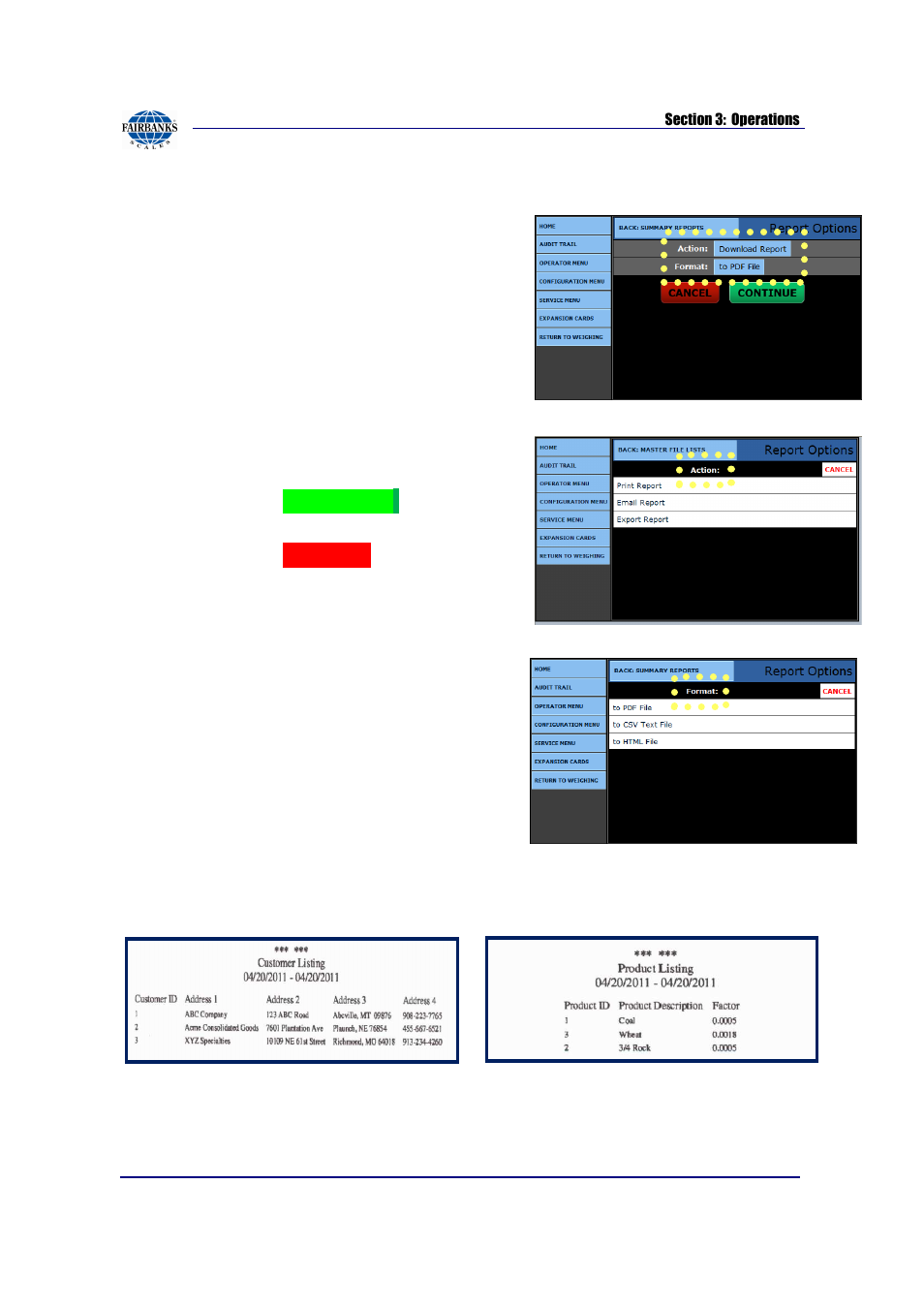 Master file reports, continued, Action, Format | Continue, Cancel | Fairbanks FB2550 SERIES User Manual | Page 42 / 186