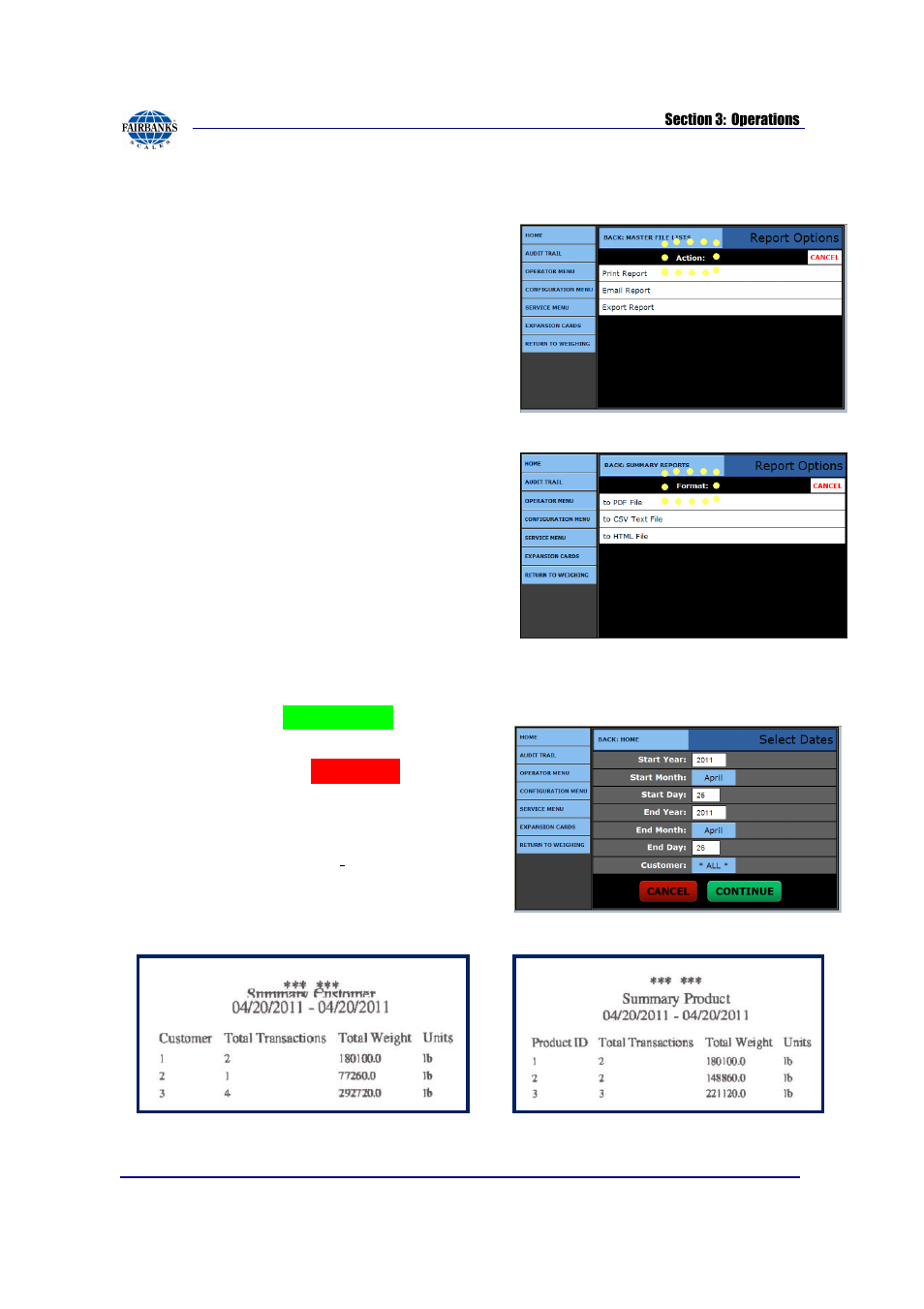 Summary reports, continued, Action, Format | Date range, Continue, Cancel, Back: home | Fairbanks FB2550 SERIES User Manual | Page 48 / 186