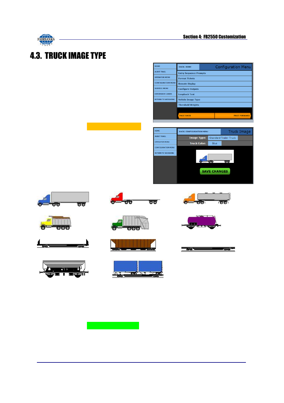 Truck image type, Login, Configuration menu | Page forward, Vehicle image type, Save changes, Back: configuration menu | Fairbanks FB2550 SERIES User Manual | Page 55 / 186