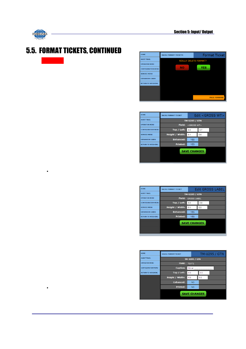 Format tickets, continued, Delete, Data field | Label field, Text field | Fairbanks FB2550 SERIES User Manual | Page 81 / 186