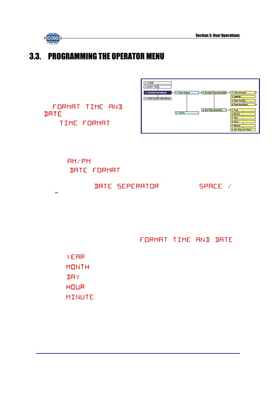 Programming the operator menu, Format time & date, Set time & date | Fairbanks FB6002 INSTRUMENTATION User Manual | Page 20 / 83