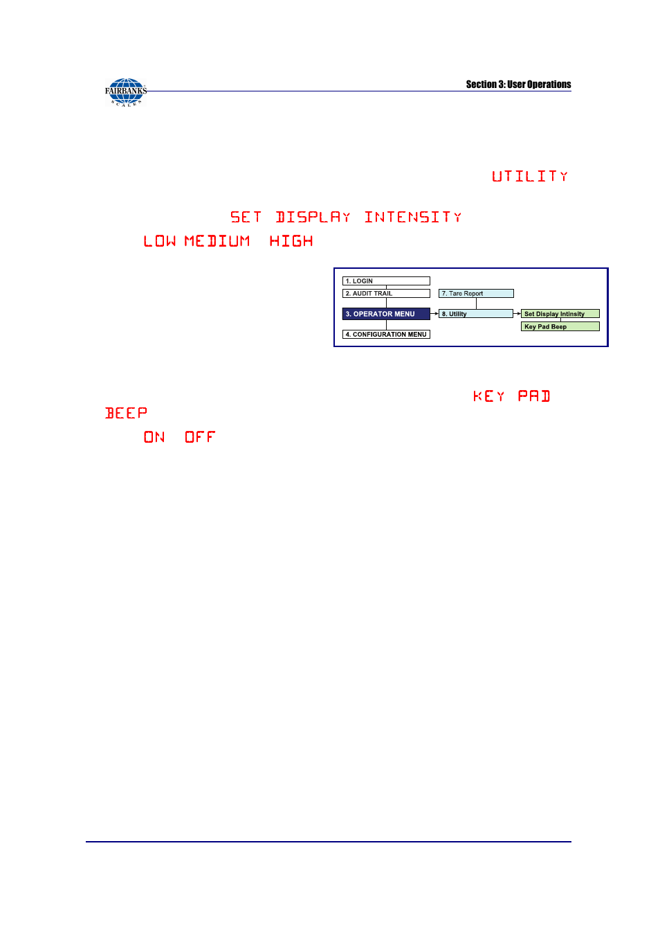Utility – set display intensity, Utility – key pad beep | Fairbanks FB6002 INSTRUMENTATION User Manual | Page 23 / 83