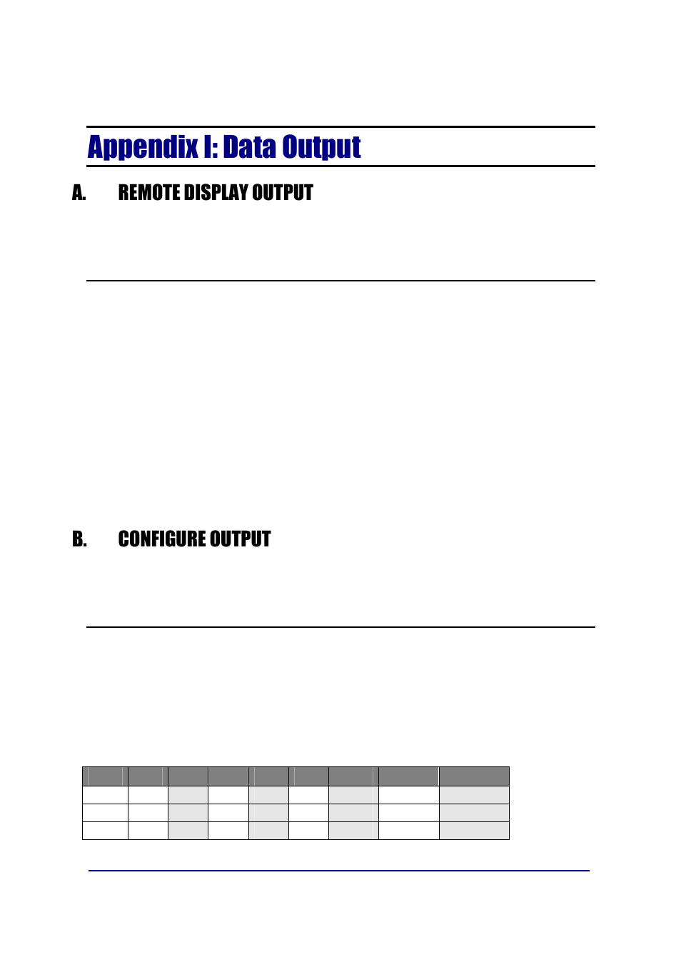 Appendix i: data output, A. remote display output, B. configure output | Fairbanks FB6002 INSTRUMENTATION User Manual | Page 74 / 83