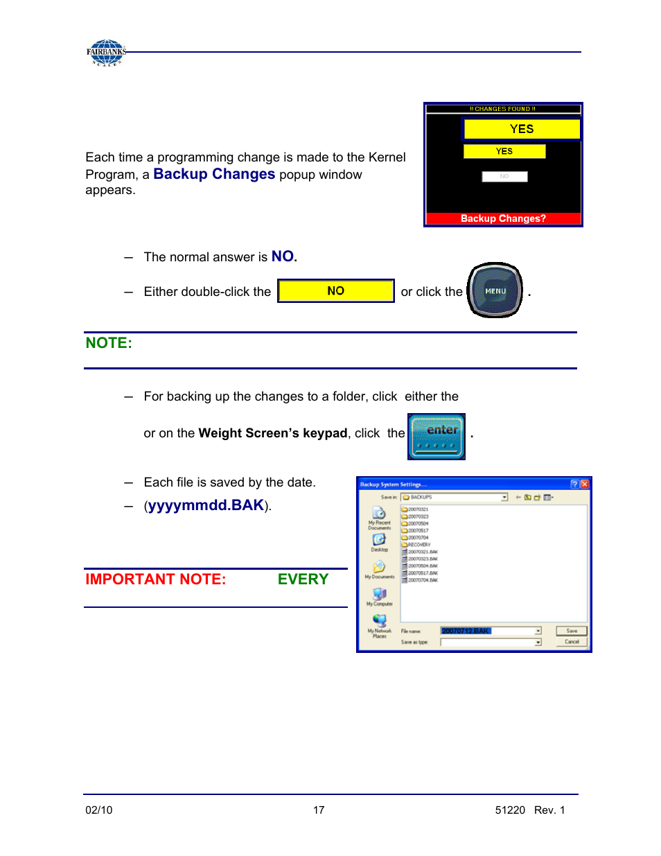 Backing up and saving program changes to a folder, Backup changes, Every | Every time | Fairbanks FB3000 II Operators Manual User Manual | Page 17 / 68