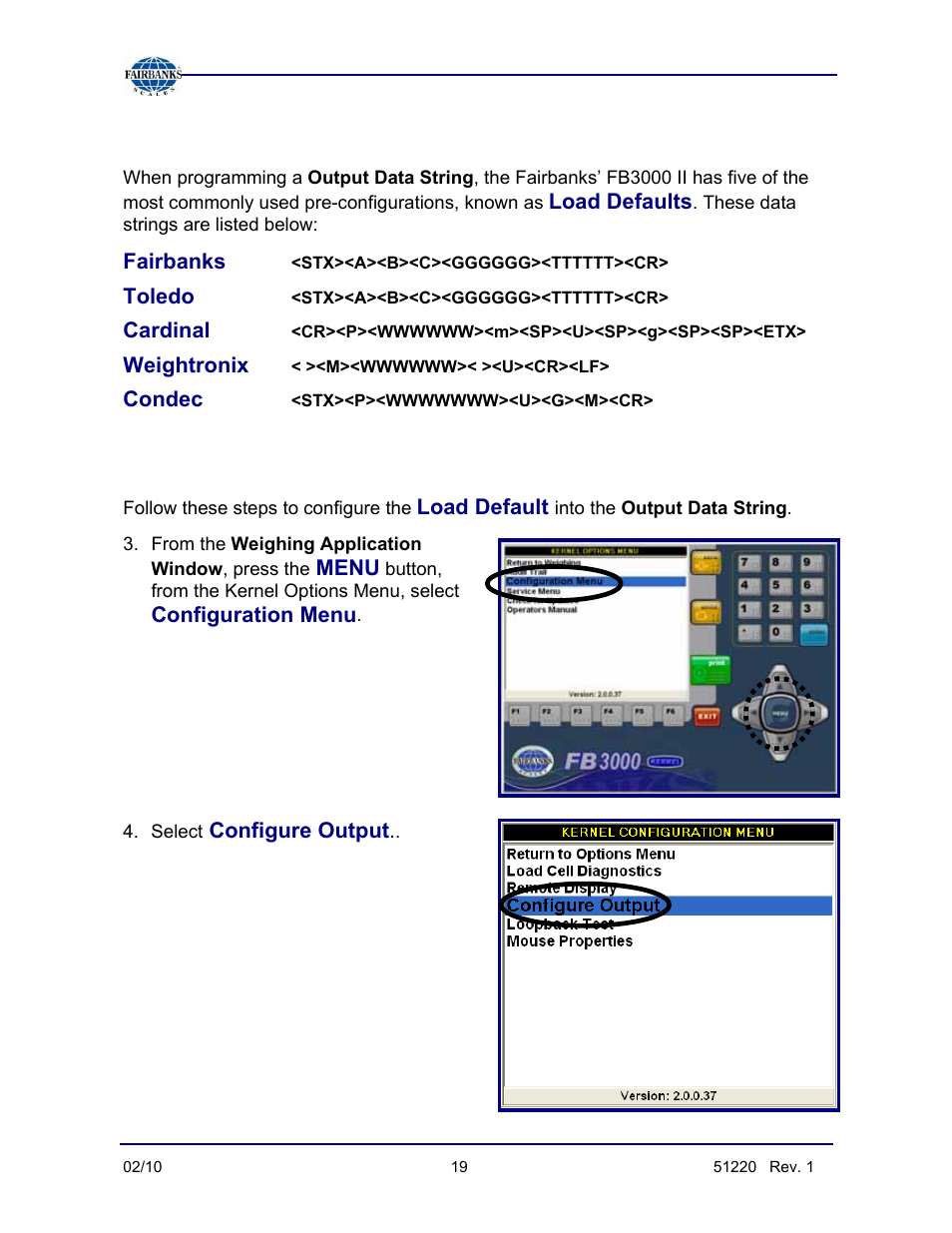 Load default data protocols, Load the default com settings | Fairbanks FB3000 II Operators Manual User Manual | Page 19 / 68