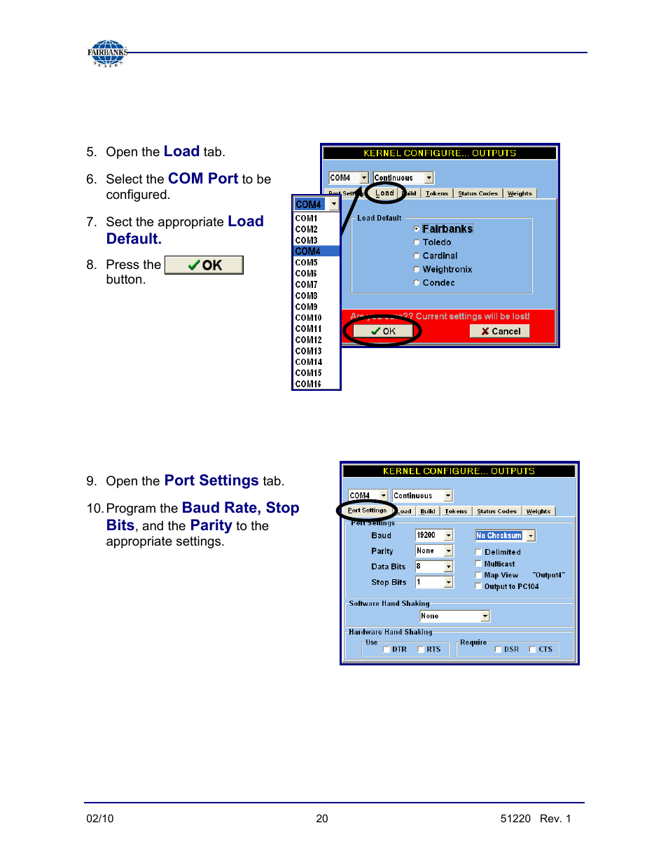 Load the default com settings, continued | Fairbanks FB3000 II Operators Manual User Manual | Page 20 / 68