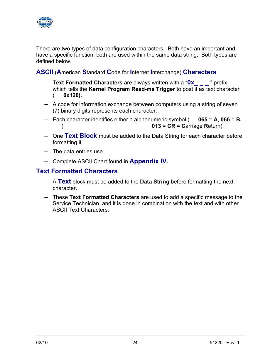 Ascii and text data character types | Fairbanks FB3000 II Operators Manual User Manual | Page 24 / 68