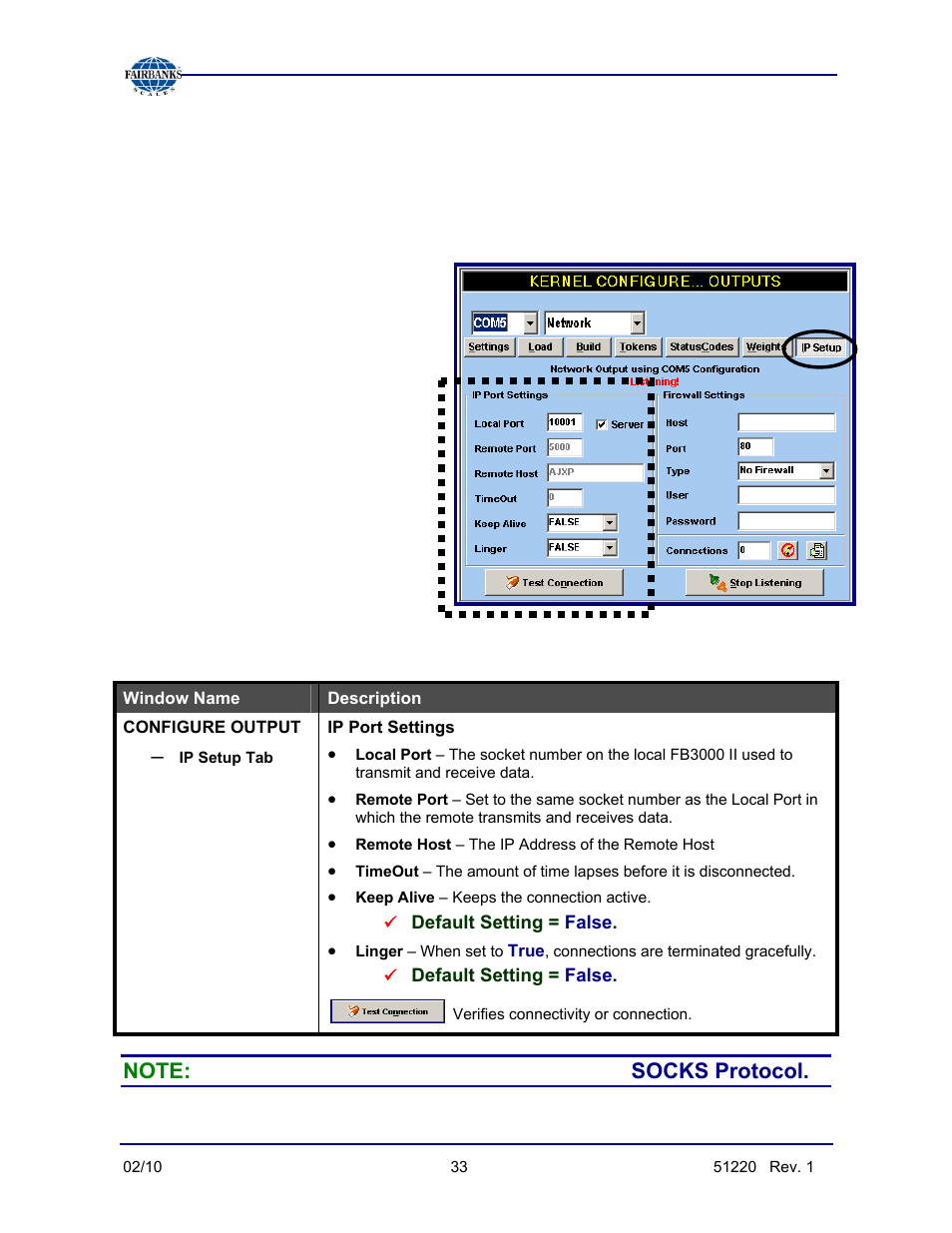 Ip network output, P setup menu overview, Socks protocol | Fairbanks FB3000 II Operators Manual User Manual | Page 33 / 68