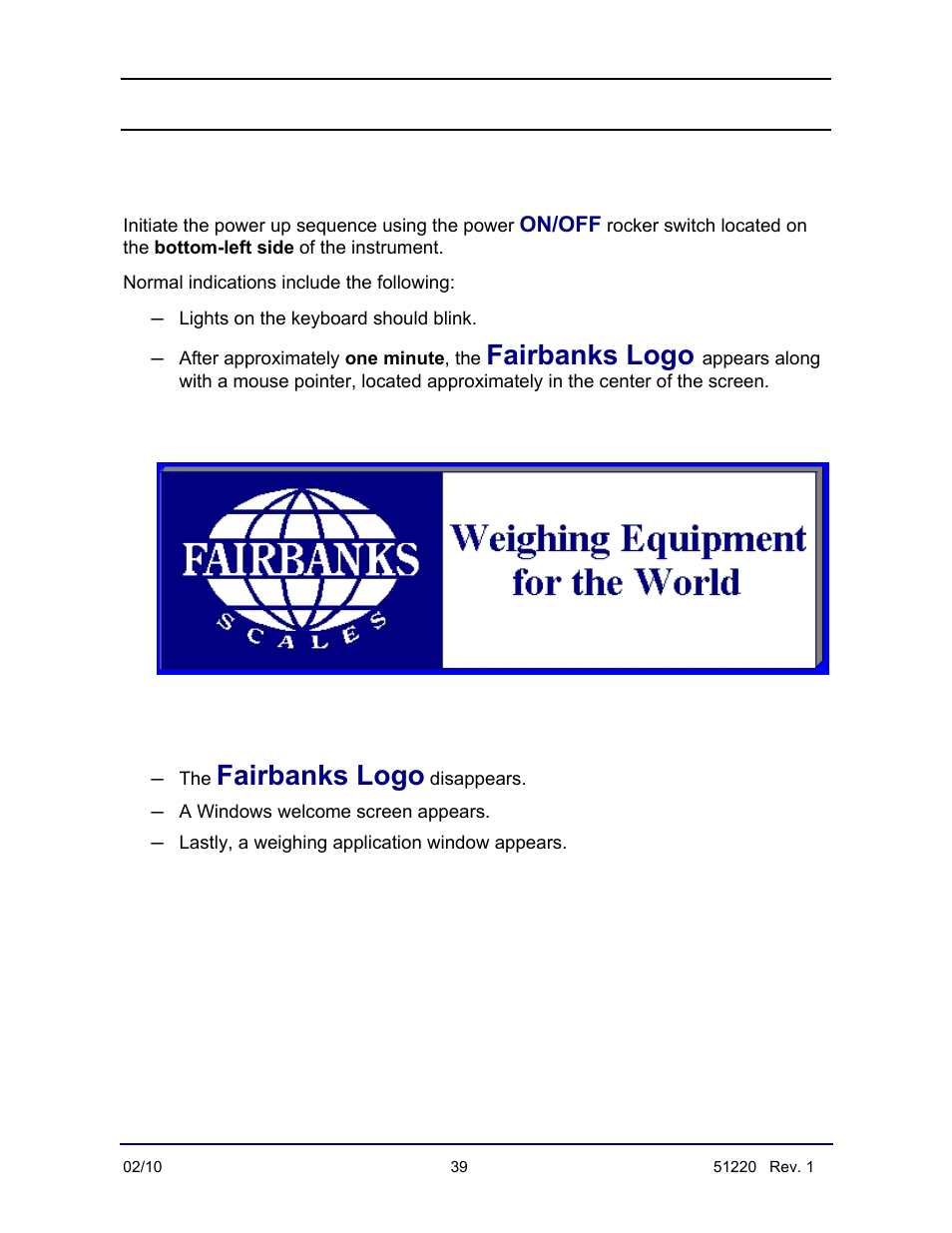 System boot-up procedure, Fairbanks logo | Fairbanks FB3000 II Operators Manual User Manual | Page 39 / 68