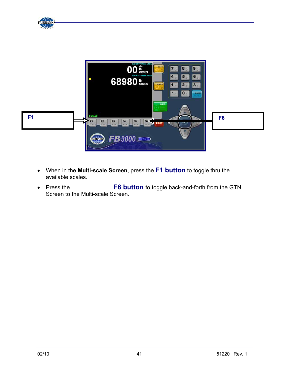 Using the display screen function buttons, F1 button, F6 button | Fairbanks FB3000 II Operators Manual User Manual | Page 41 / 68