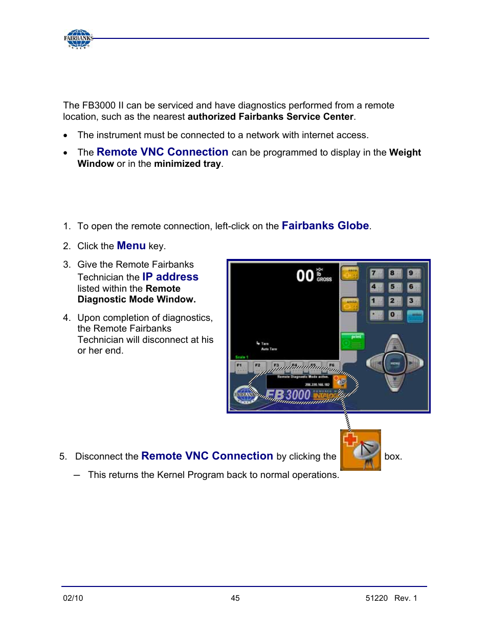 Remote service and diagnostics, Opening the vnc connection | Fairbanks FB3000 II Operators Manual User Manual | Page 45 / 68