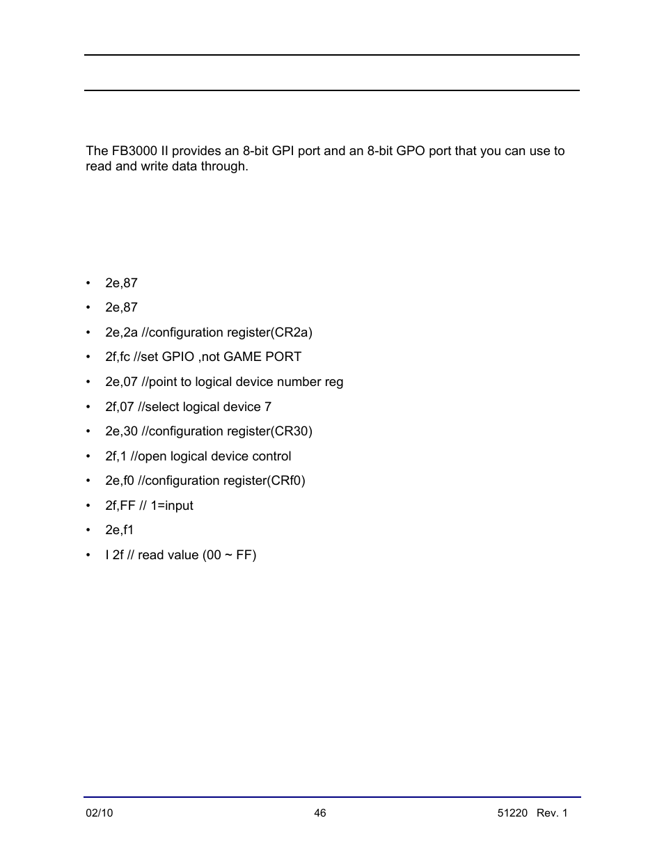 Appendix i: gpio port, Programming the gpio port, Reading the gpio data | Fairbanks FB3000 II Operators Manual User Manual | Page 46 / 68