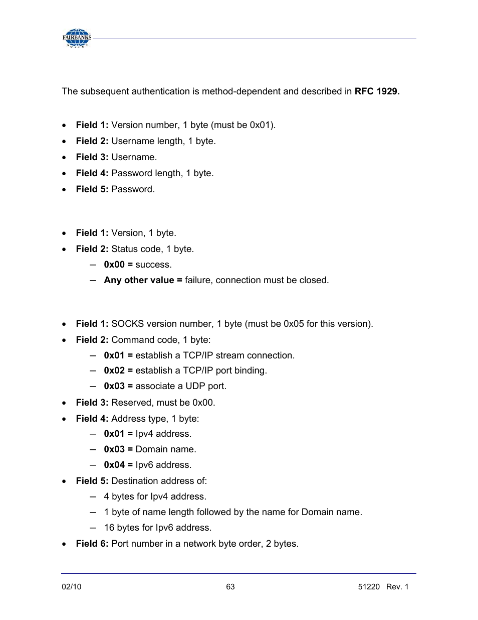 Appendix vii: socks information, continued, The client’s authentication request is, Server response for authentication | The client’s connection request is | Fairbanks FB3000 II Operators Manual User Manual | Page 63 / 68