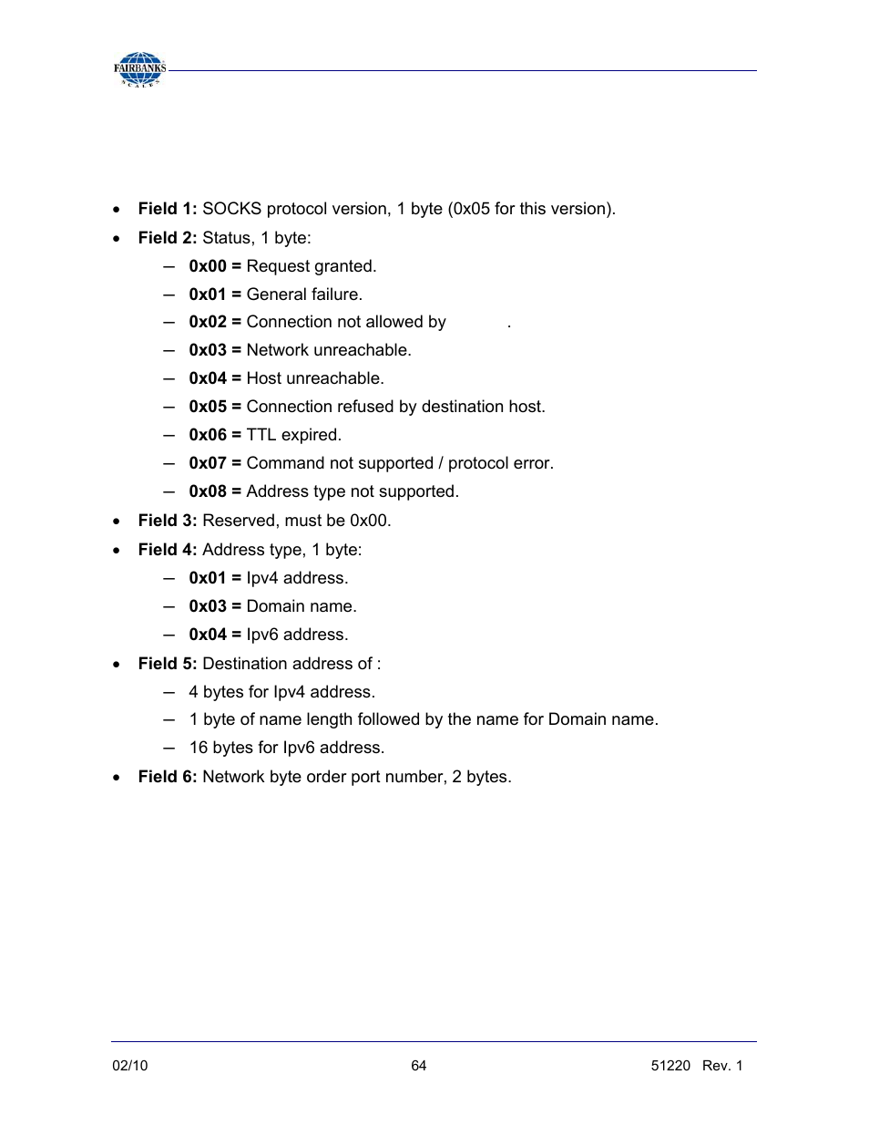 Appendix vii: socks information, continued, Server response | Fairbanks FB3000 II Operators Manual User Manual | Page 64 / 68